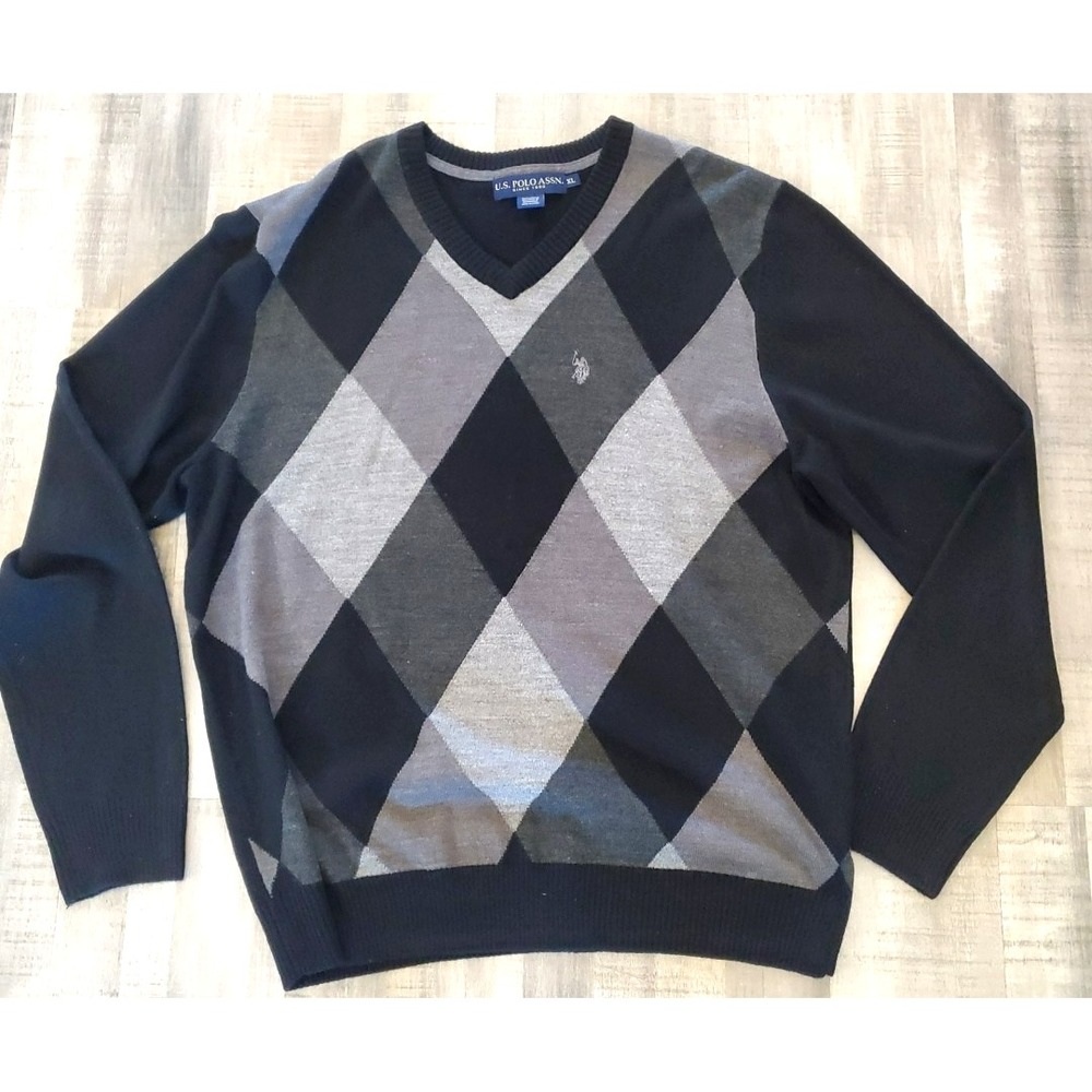 U.S. POLO ASSN.‎ Men's Argyle V-Neck Cardigan Sweater Size Large Gray Black